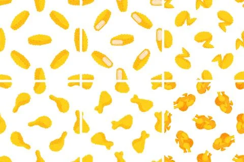 Seamless pattern with crispy fried chicken nuggets, wings, legs and breasts on 스톡 일러스트
