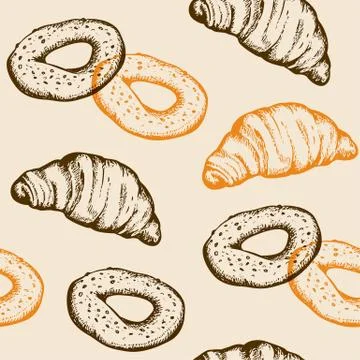 Seamless pattern with croissant and bagel Stock Illustration