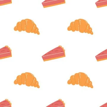 Seamless pattern with croissant and cake. Flat vector background of pastry, b Stock Illustration