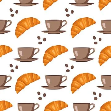 Seamless pattern with croissants, cups, saucers and coffee beans イラスト素材