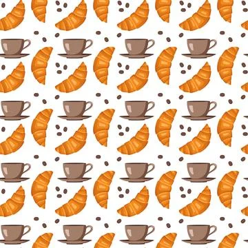 Seamless pattern with croissants, cups, saucers and coffee beans. Illustrazione stock