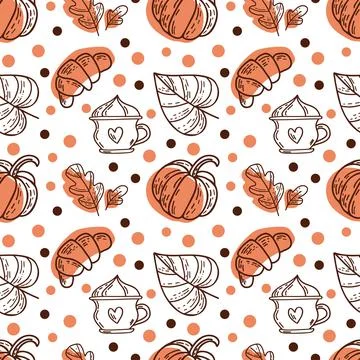 Seamless pattern with croissants, pumpkins and autumn oak leaves in orange, b Stock Illustration