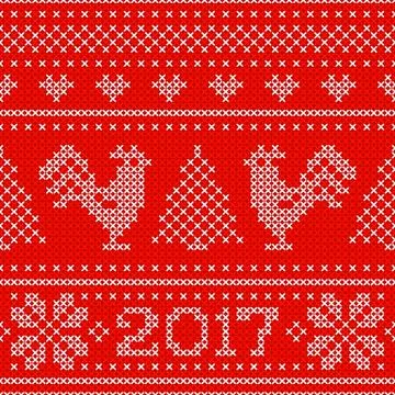 Seamless pattern with cross stitch embroidered roosters and text 2017 Stock Illustration