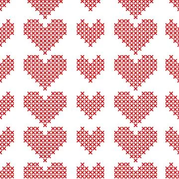 Seamless pattern with cross-stitch hearts on white background Stock Illustration