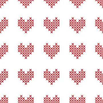Seamless pattern with cross-stitch hearts on white Stock Illustration