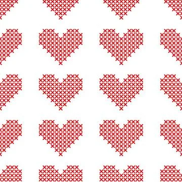 Seamless pattern with cross-stitch hearts. Embroidery style Stock Illustration