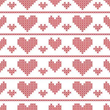 Seamless pattern with cross-stitch hearts Stock Illustration