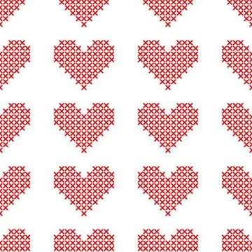 Seamless pattern with cross-stitch hearts. Embroidery style. Seamless patt... 스톡 사진