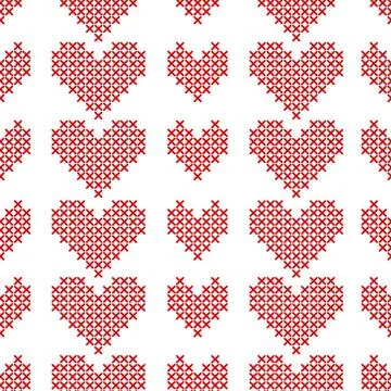 Seamless pattern with cross-stitch hearts on white background. Seamless pa... 库存照片