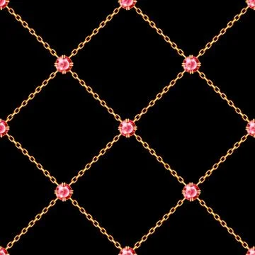Seamless pattern with crossed golden chains and red round gemstones Stock Illustration