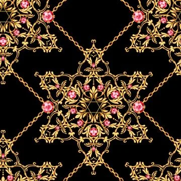 Seamless pattern with crossed golden chains and David star with ruby Stock Illustration