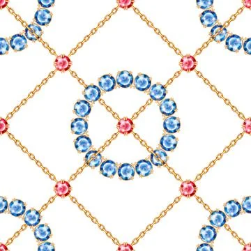 Seamless pattern with crossed golden chains and round gemstones Stock Illustration