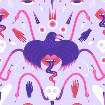 Seamless pattern with crow, snakes, eyes, hands, skulls. Contemporary art. My Stock Illustration