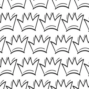 Seamless pattern with Crown. Black and white graffiti background. Doodle vector Illustrazione stock