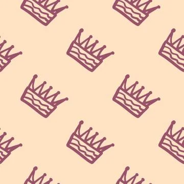 Seamless pattern with crown elements. Outline ornament with purple contour on Stock Illustration