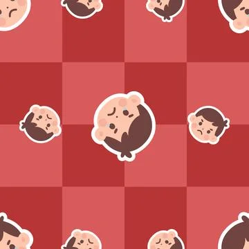 Seamless pattern of crying angry boy emoticon on red checkerboard backgroun.. Illustrazione stock