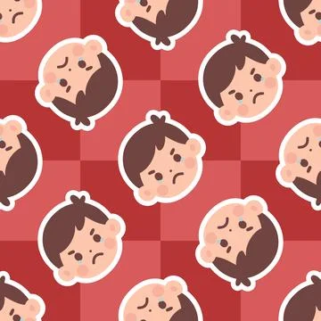 Seamless Pattern of Crying Boy Emoticons with Red Checkerboard Background イラスト素材