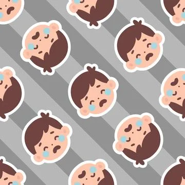 Seamless Pattern of Crying Cartoon Boy Faces on Diagonal Striped Gray Backg.. Stock-Illustration