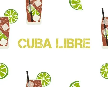 Seamless Pattern of Cuba Libre cocktail with lime and sign. White background Stock Illustration