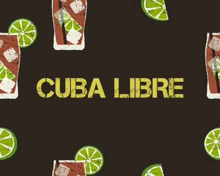 Seamless Pattern of Cuba Libre cocktail with lime and sign. Dark background Stock Illustration