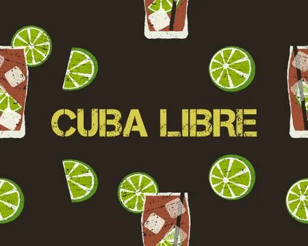 Seamless Pattern of Cuba Libre cocktail with lime and sign. Dark background 스톡 일러스트