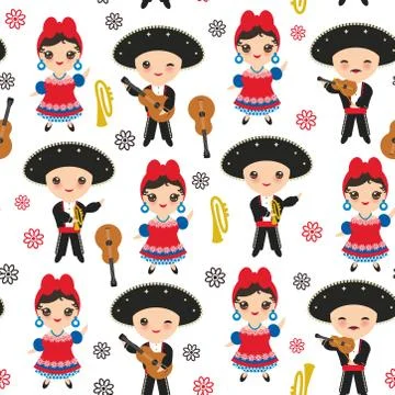 Seamless pattern Cubans boy and girl in national costume and hat Cartoon chil Stock Illustration