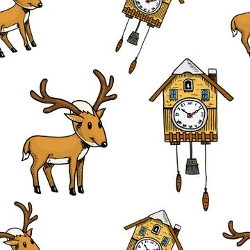 Seamless pattern cuckoo clock, deer. Merry Christmas or xmas, New Year Stock Illustration