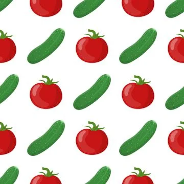 Seamless pattern with cucumber and tomato vegetables. Organic food. Vector. Illustrazione stock