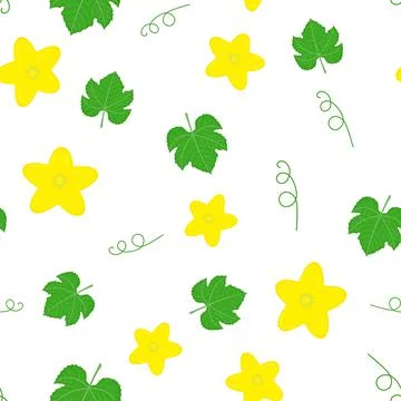 Seamless pattern with cucumber or kiwano leaves and flowers isolated on white Stock Illustration