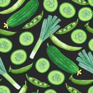 Seamless pattern with cucumber, pea, pepper and leek onion. Vector illustra.. Stock Illustration