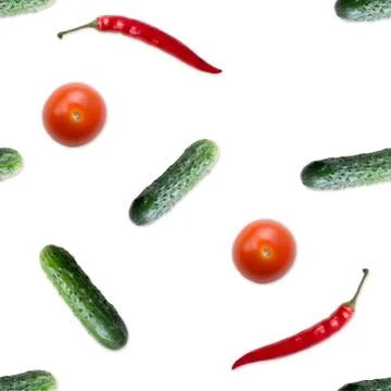 Seamless pattern with cucumber, tomato  and red  hot pepper. Vegetables abstr Stock Photos