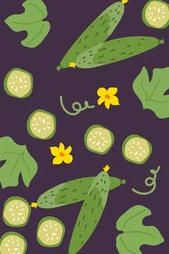 Seamless pattern of cucumbers and leaves on dark background Stock Illustration