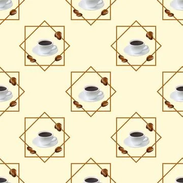Seamless pattern with a cup and coffee beans on a light background with frames Stock Illustration