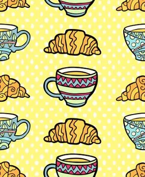 Seamless pattern with cup and croissant on textured yellow background Stock Illustration