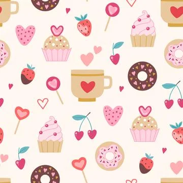 Seamless pattern with cup and sweets for Valentine's Day. Ilustração Stock