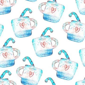 Seamless pattern of Cup with Christmas candy cane on white background Stock Illustration