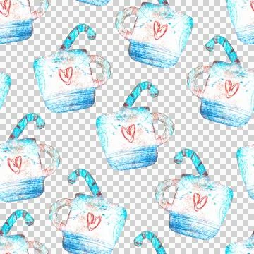 Seamless pattern of Cup with Christmas candy cane on white background. Picture Stock Illustration