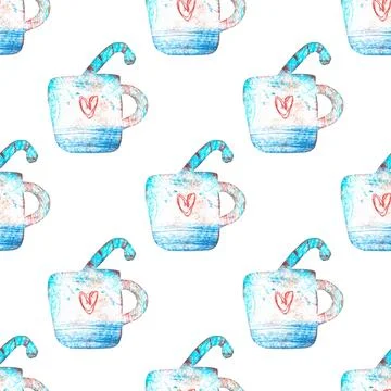 Seamless pattern of Cup with Christmas candy cane on white background Stock Illustration