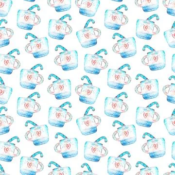 Seamless pattern of Cup with Christmas candy cane on white background Stock Illustration