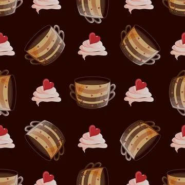 Seamless pattern with a cup of coffee and marshmallows. Heart on a cloud of m Stock Illustration