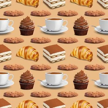 Seamless pattern with a cup of coffee and various sweet desserts. Vector pattern Stock Illustration