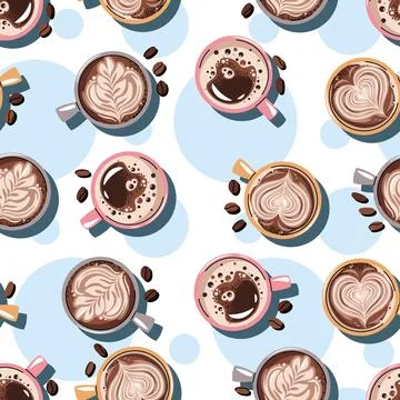 Seamless pattern with a cup of coffee and coffee beans. Repeating texture w.. Stock Illustration