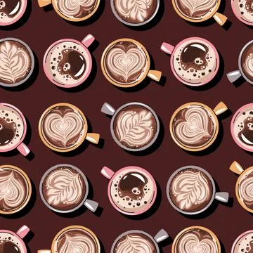 Seamless pattern with a cup of coffee and coffee beans. Repeating texture w.. Stock Illustration