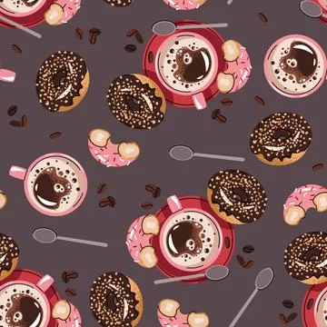 Seamless pattern with a cup of coffee and a donut. Repeating texture with a.. Stock Illustration