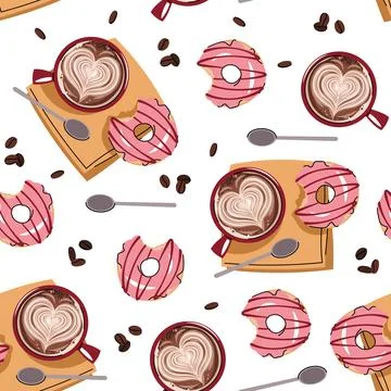 Seamless pattern with a cup of coffee and a donut. Repeating texture with a.. Stock Illustration