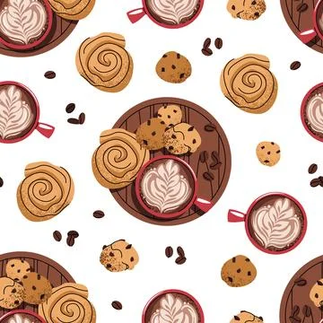 Seamless pattern with a cup of coffee and a bun. Repeating texture with a c.. Stock Illustration