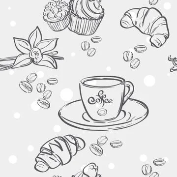 Seamless pattern with cup of coffee, croissants and muffins Illustrazione stock