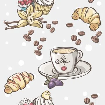 Seamless pattern with cup of coffee, croissants and fruit Illustrazione stock