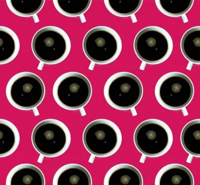 Seamless pattern with a cup of coffee on a pink background. Creative backgrou Stock Photos
