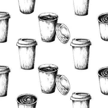 Seamless pattern of a cup of coffee. Vector illustration of a sketch style. Stock Illustration